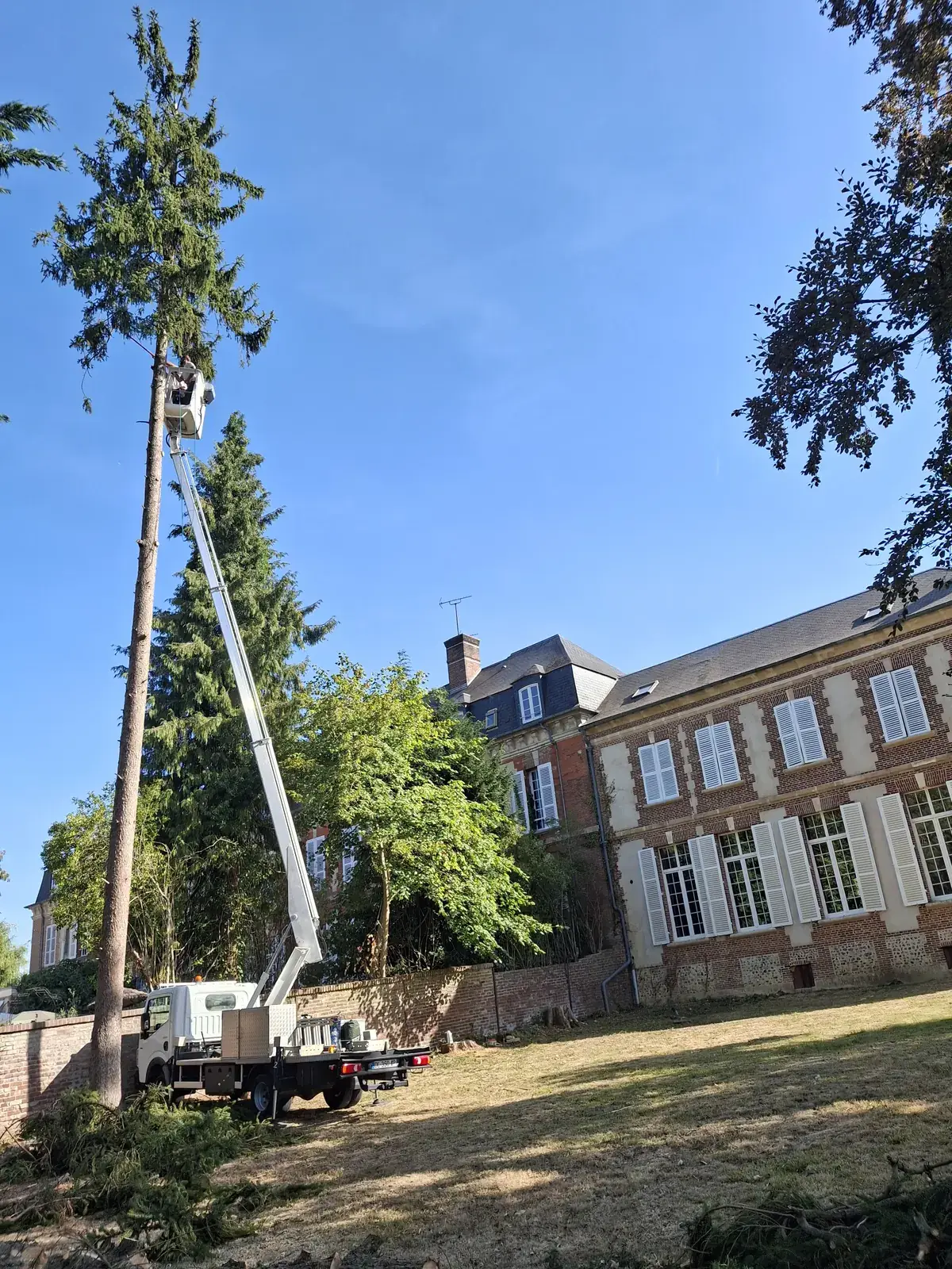 Abattage par démontage à la nacelle devant une demeure — Le Carré Vert, Indre-et-Loire
