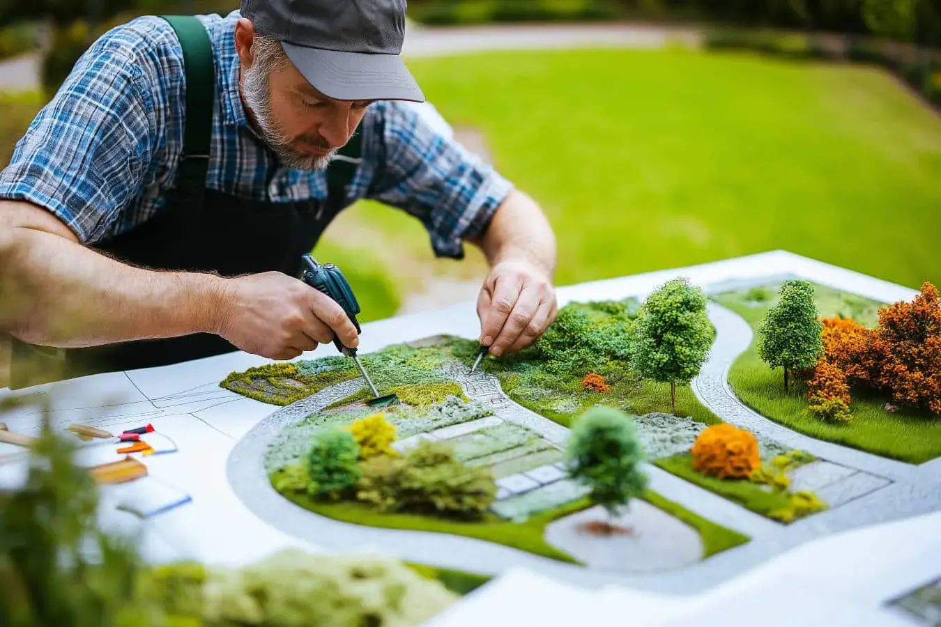 Plan de jardin dessiné à la main sur une table d'étude — conception d'aménagement Le Carré Vert (37)